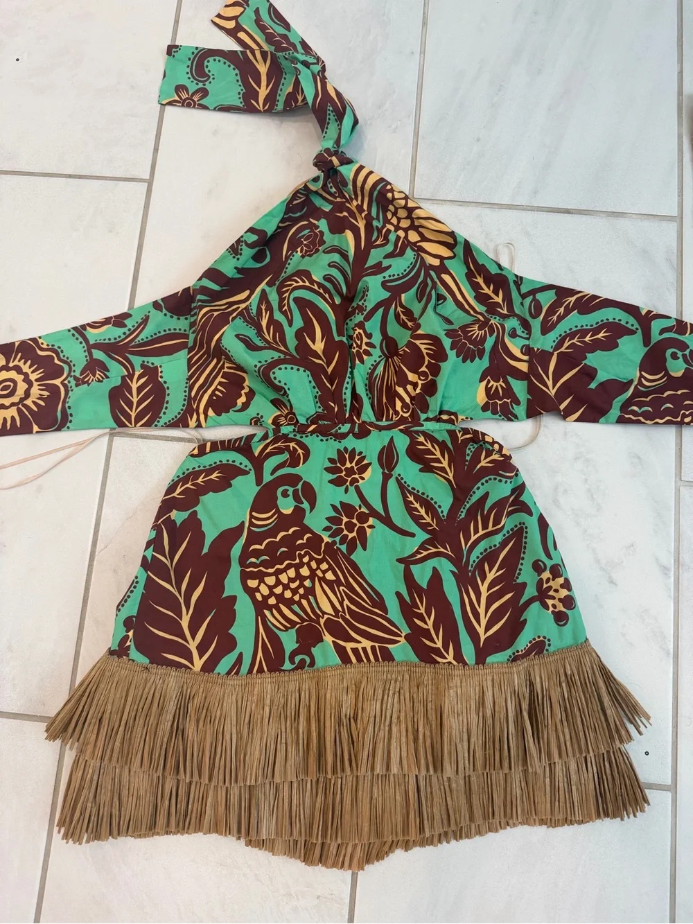 Green & Brown Halter Fringe Mini Dress- Johanna Ortiz - Picture 2 of 4